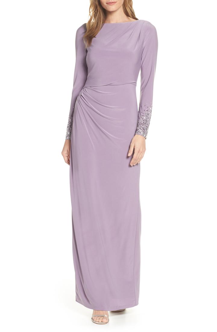 Women's Vince Camuto Embellished Sleeve Ruched Evening Dress - Purple