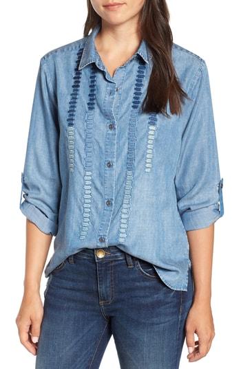 Women's Billy T Embroidery Detail Chambray Blouse - Blue
