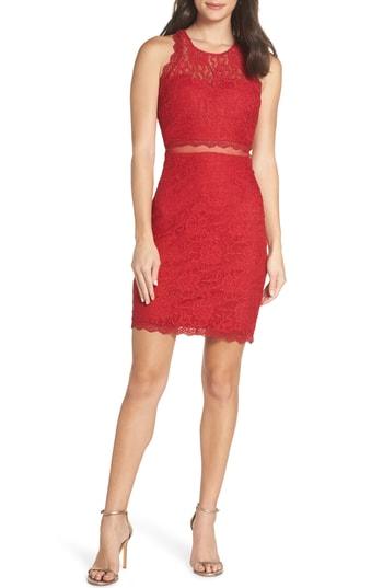 Women's Sequin Hearts Sleeveless Glitter Lace Sheath Dress - Red