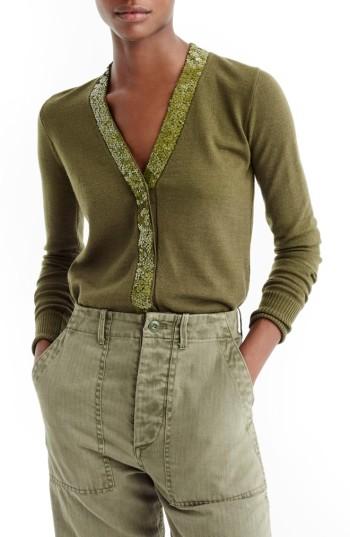 Women's J.crew Harlow Sequin Placket Cardigan - Green