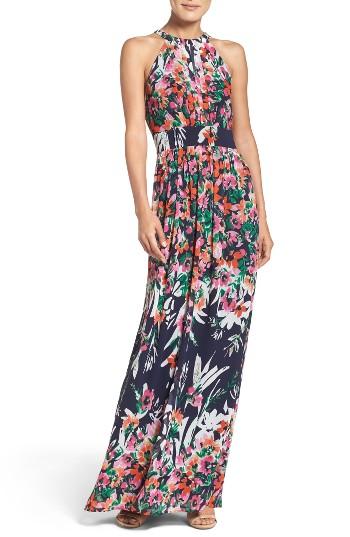 Women's Eliza J Print Chiffon Halter Maxi Dress - Blue