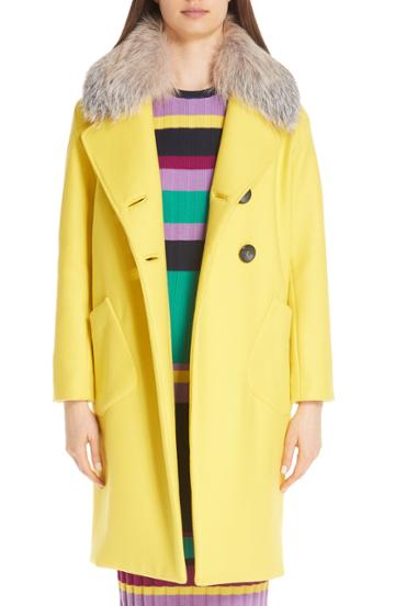 Women's Lela Rose Double Breasted Brushed Wool Coat With Genuine Fox Fur Collar - Yellow