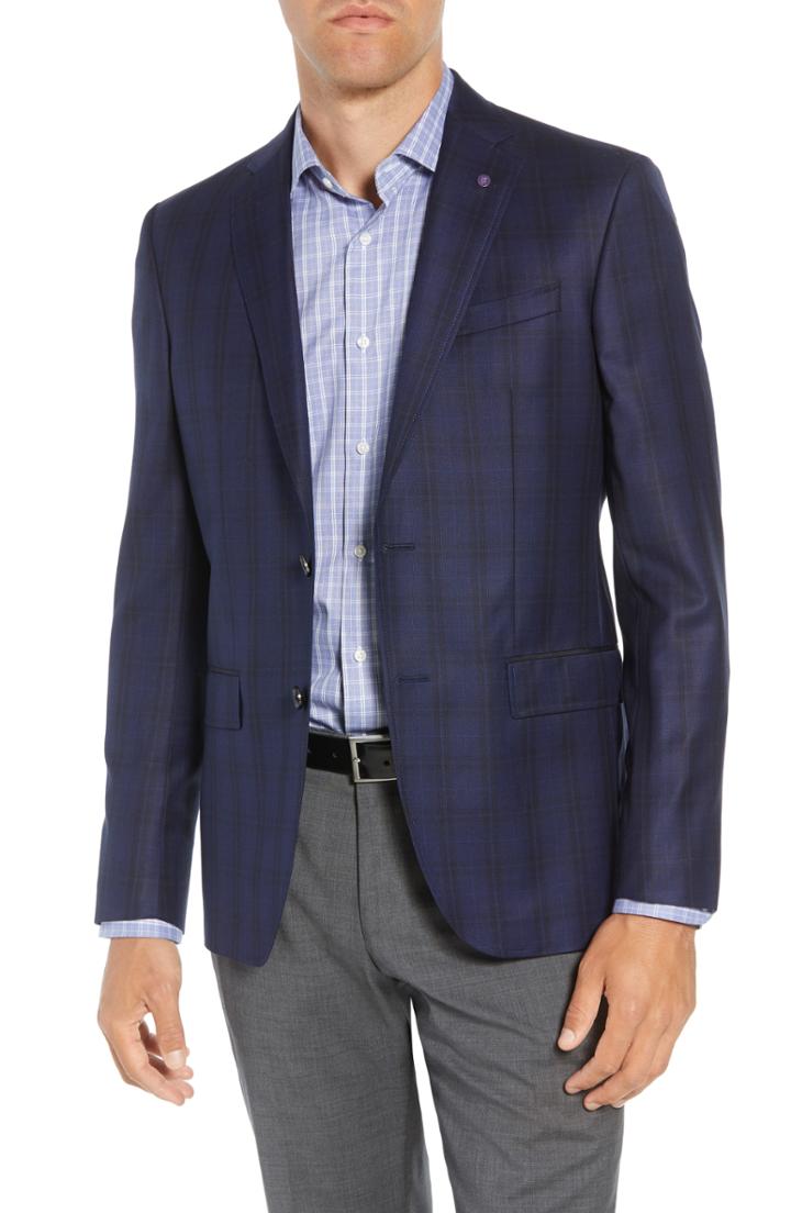 Men's Ted Baker London Jed Trim Fit Plaid Wool Sport Coat L - Blue