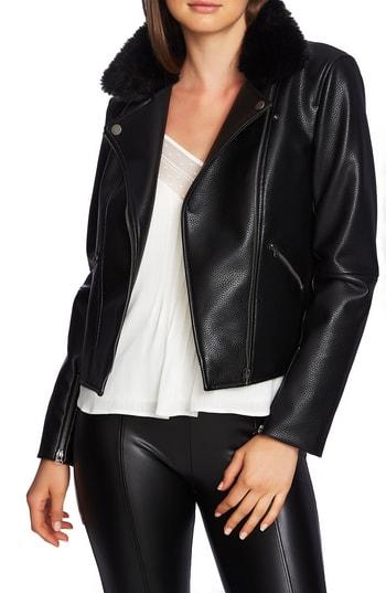 Women's 1.state Faux Fur Collar Moto Jacket, Size - Black