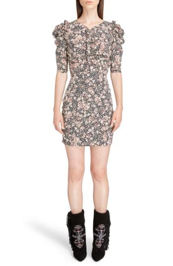 Women's Isabel Marant Brizia Floral Print Stretch Silk Puff Sleeve Dress Us / 36 Fr - Black