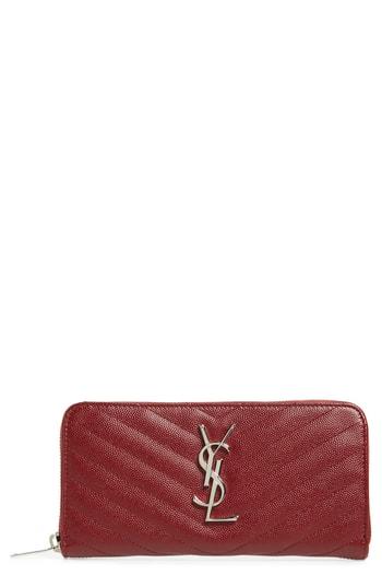 Women's Saint Laurent 'monogram' Zip Around Quilted Calfskin Leather Wallet - Blue