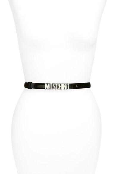 Women's Moschino Logo Plate Skinny Leather Belt