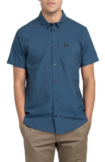Men's Rvca 'that'll Do' Slim Fit Short Sleeve Oxford Shirt, Size - Coral