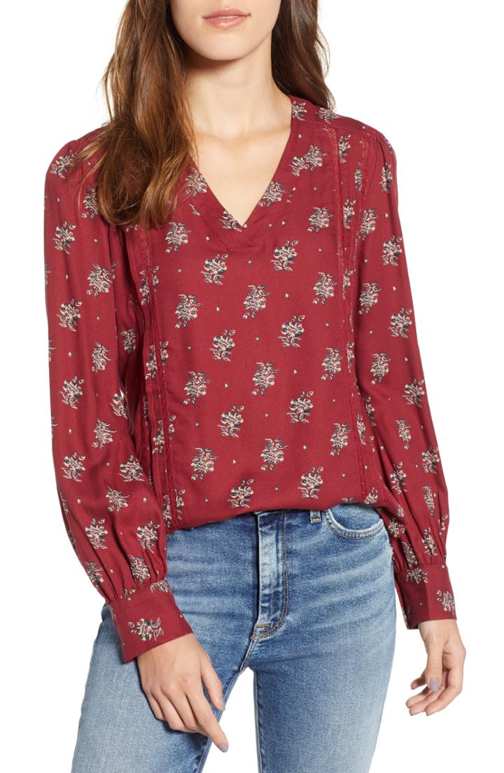 Women's Hinge Lace Stripe V-neck Blouse - Red