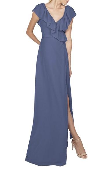 Women's Ceremony By Joanna August 'lolo' Ruffle V-neck Chiffon Wrap Gown - Blue