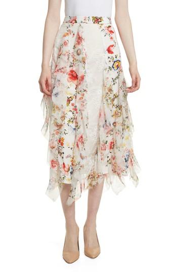 Women's Alice + Olivia Yula Floral Silk & Lace Midi Skirt - Ivory
