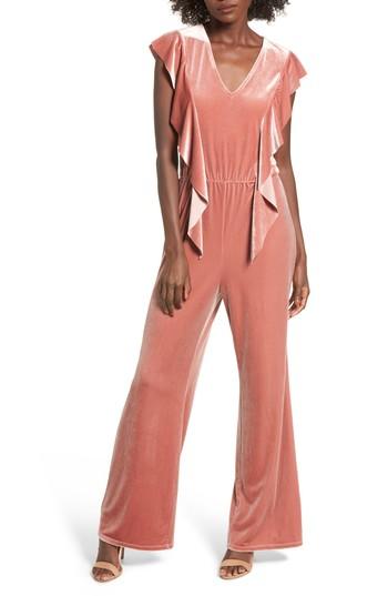 Women's Leith Ruffle Velour Jumpsuit, Size - Coral