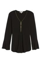 Women's Chaus Zip Front Flounce Sleeve Top - Black