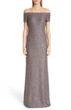 Women's St. John Evening Off The Shoulder Sequin Knit Gown - Grey
