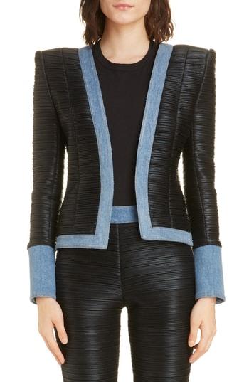 Women's Balmain Denim Trim Plisse Jersey Jacket Us / 38 Fr - Black