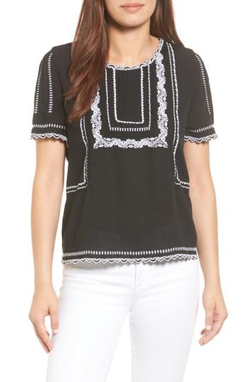 Women's Caslon Embroidered Popover Top - Black