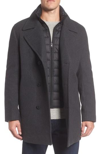 Men's Marc New York Herringbone Wool Blend Peacoat With Detachable Insert, Size - Grey