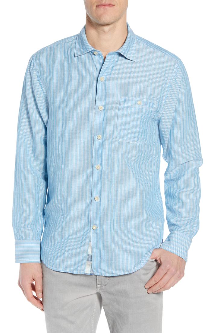 Men's Tommy Bahama Sand Stripe Linen Blend Sport Shirt, Size - Blue