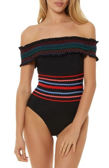 Women's Red Carter Smocked Off The Shoulder Swimsuit - Black