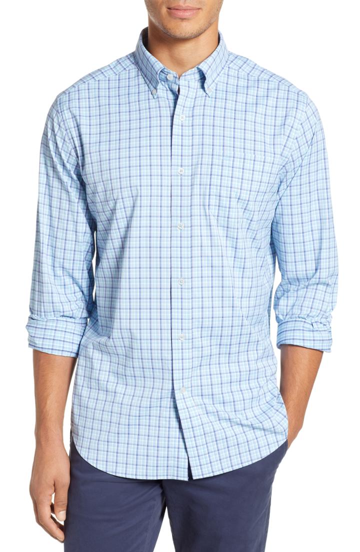 Men's Southern Tide Staycation Intercoastal Regular Fit Plaid Performance Sport Shirt - Blue