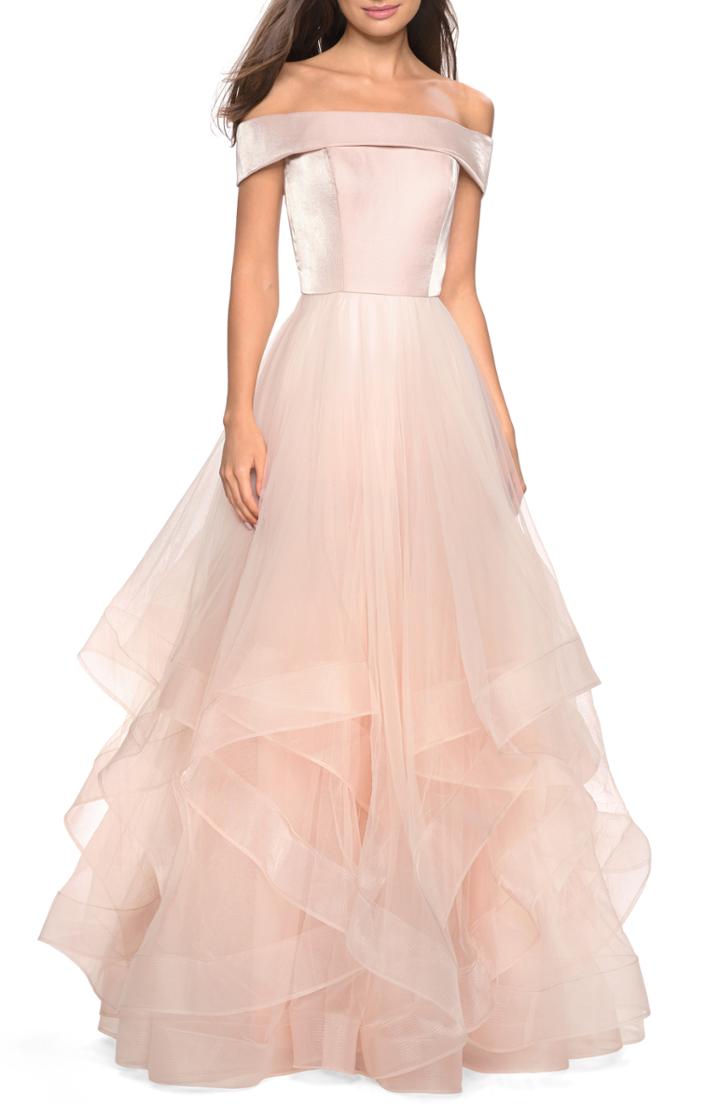 Women's La Femme Off The Shoulder Evening Dress - Pink