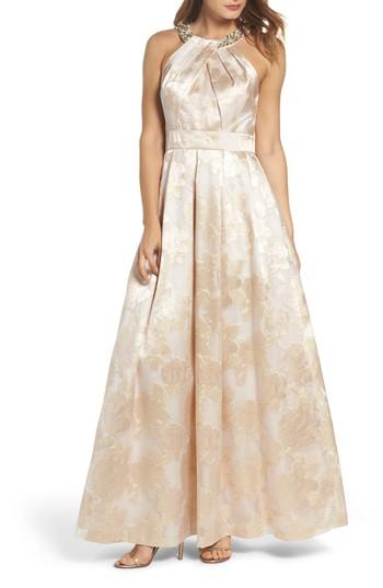 Women's Eliza J Beaded Halter Neck Gown - Beige