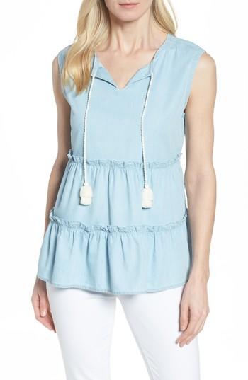 Petite Women's Caslon Tiered Ruffle Tassel Tie Tank P - Blue