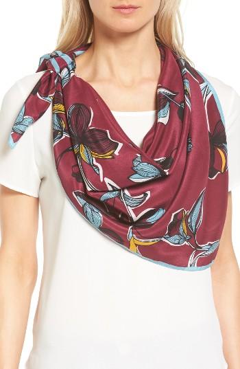 Women's Halogen Botanical Silk Scarf, Size - Burgundy