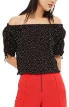 Women's Topshop Spot Drawstring Sleeve Off The Shoulder Top Us (fits Like 0) - Black