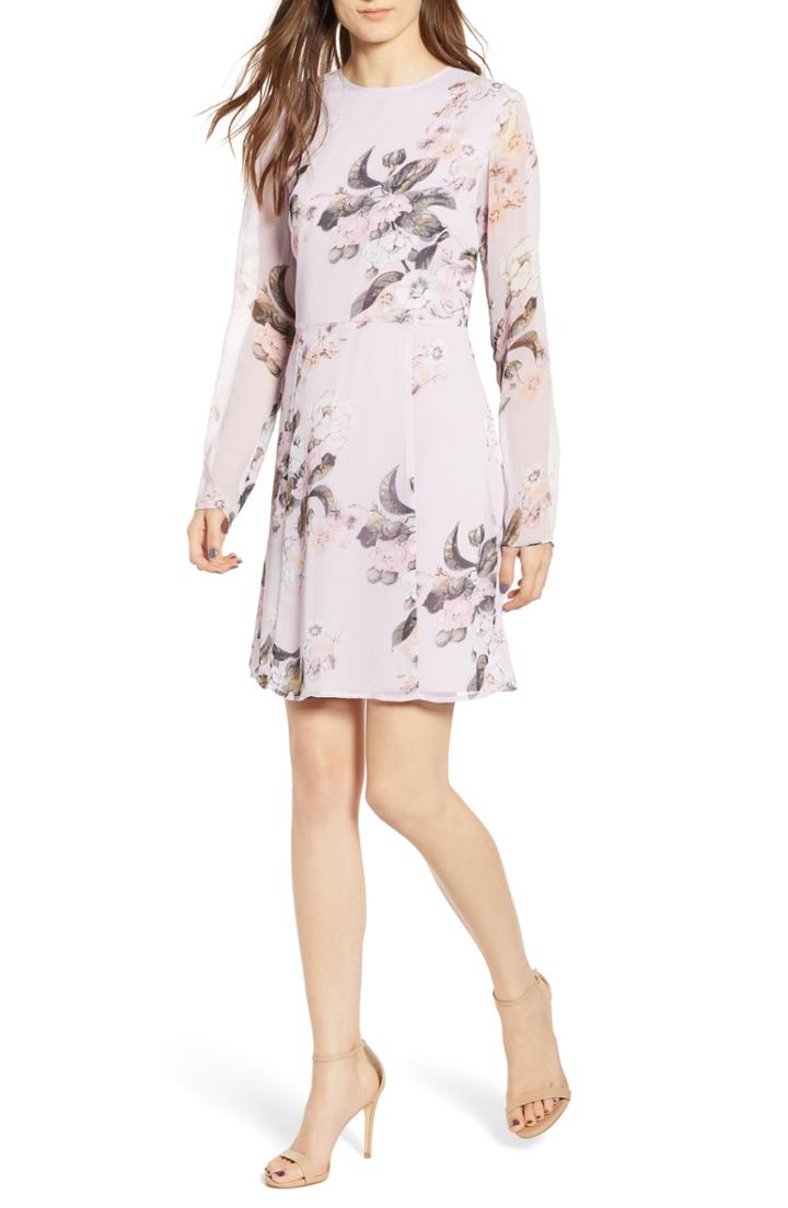 Women's Leith Long Sheer Sleeve Floral Dress, Size - Purple