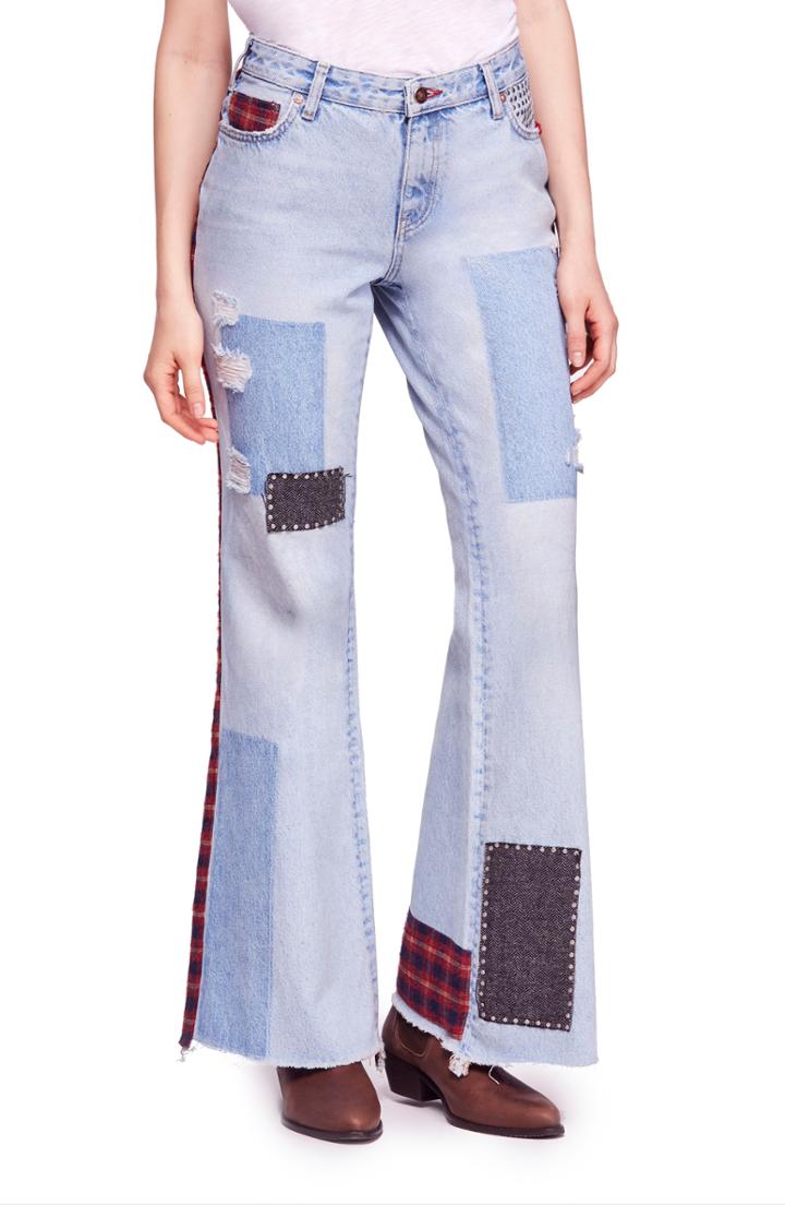 Women's Free People Mix Plaid Slim Flare Jeans - Blue