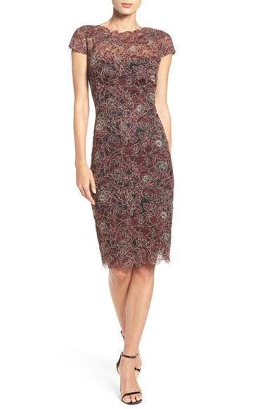 Petite Women's Tadashi Shoji Embroidered Mesh Sheath Dress P - Purple