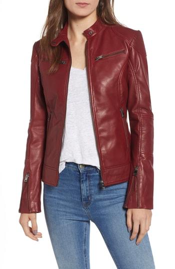 Women's Lamarque Stitch Detail Lambskin Racer Jacket - Purple