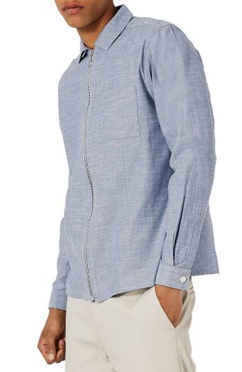 Men's Topman Zip Chambray Overshirt - Blue