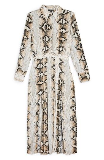 Women's Topshop Snake Print Pleated Shirtdress Us (fits Like 0) - Brown