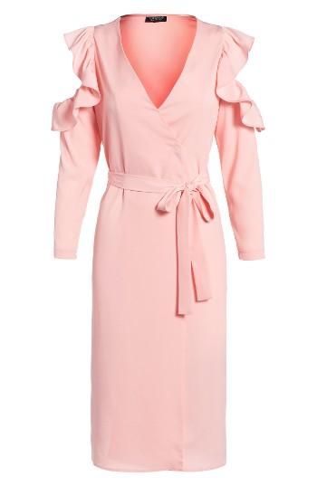 Women's Topshop Ruffle Cold Shoulder Wrap Dress Us (fits Like 0) - Pink
