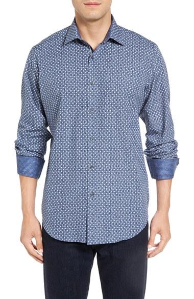 Men's Bugatchi Classic Fit Print Sport Shirt, Size - Grey