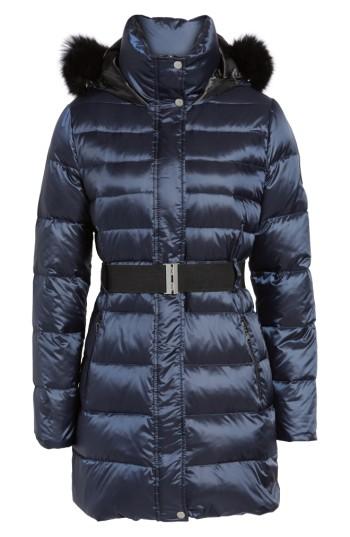 Women's Ugg Genuine Shearling Trim Belted Down Coat - Blue