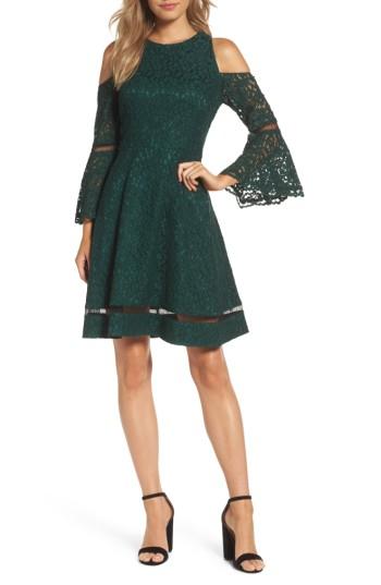 Petite Women's Eliza J Bell Sleeve Cold Shoulder Fit & Flare Dress P - Green