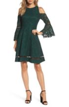 Petite Women's Eliza J Bell Sleeve Cold Shoulder Fit & Flare Dress P - Green