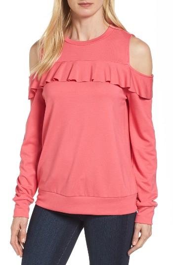 Women's Halogen Ruffle Front Cold Shoulder Sweatshirt - Coral