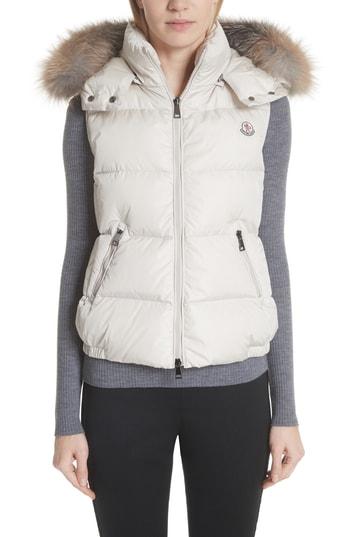 Women's Moncler Gallinule Quilted Down Vest With Detachable Genuine Fox Fur Trim Hood - Ivory