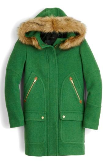 Women's J.crew Chateau Stadium Cloth Parka With Faux Fur - Green