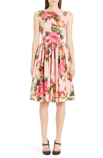 Women's Dolce & Gabbana Rose Print Cotton Poplin Dress Us / 40 It - Pink