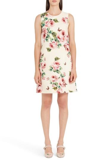 Women's Dolce & Gabbana Rose Print Wool & Silk Shift Dress Us / 38 It - Pink