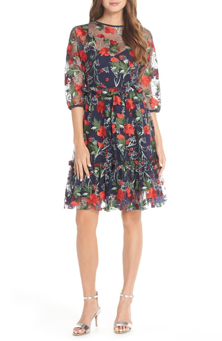 Women's 1901 Embroidered Mesh Fit & Flare Dress - Blue