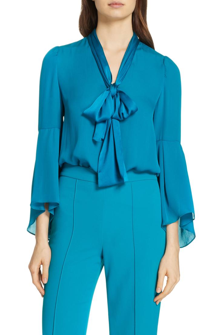 Women's Alice + Olivia Merideth Tie Neck Silk Blouse - Blue/green