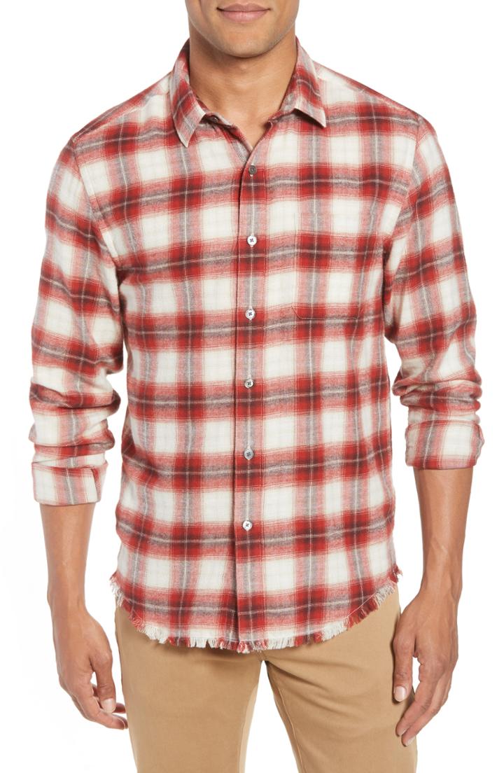Men's Frame Plaid Fray Hem Slim Fit Cotton Workshirt