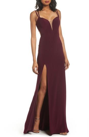 Women's La Femme Open Back Jersey Gown - Burgundy