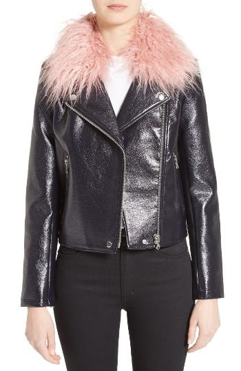 Women's Shrimps Taffy Faux Leather Biker Jacket With Faux Fur Collar - Blue